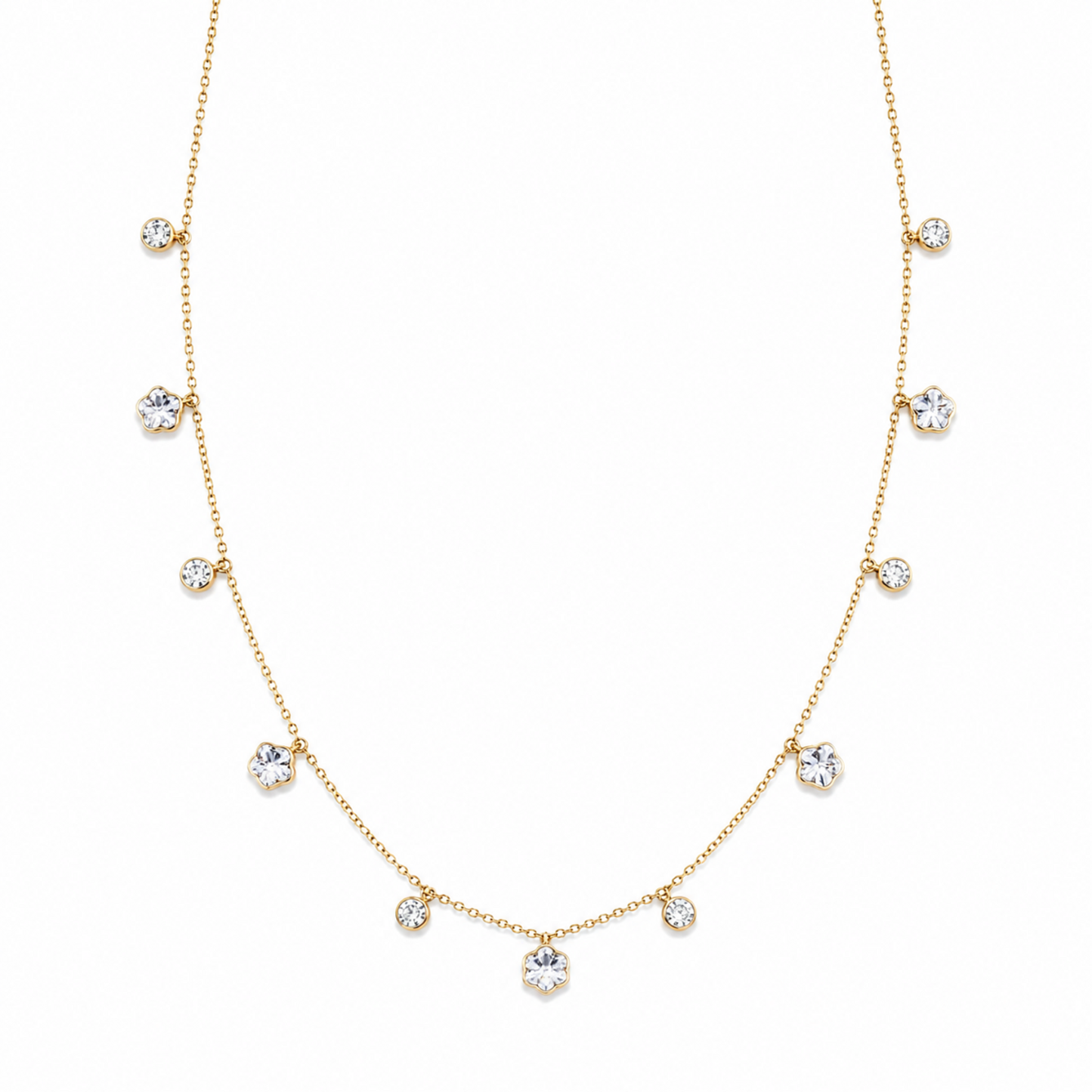 A gold-plated stainless steel chain for women featuring dangling crystal blossoms and round bezel-set crystal charms