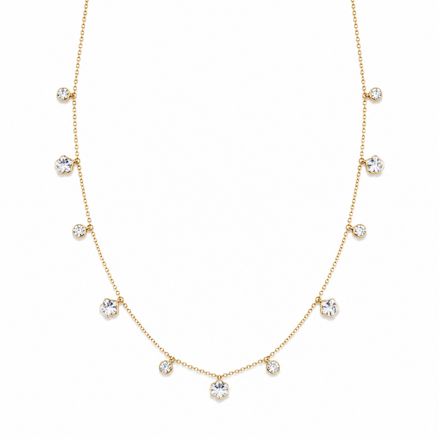 A gold-plated stainless steel chain for women featuring dangling crystal blossoms and round bezel-set crystal charms