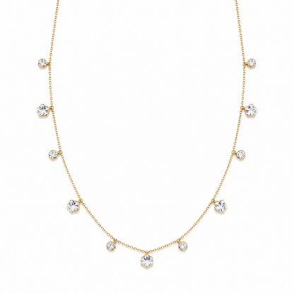 A gold-plated stainless steel chain for women featuring dangling crystal blossoms and round bezel-set crystal charms