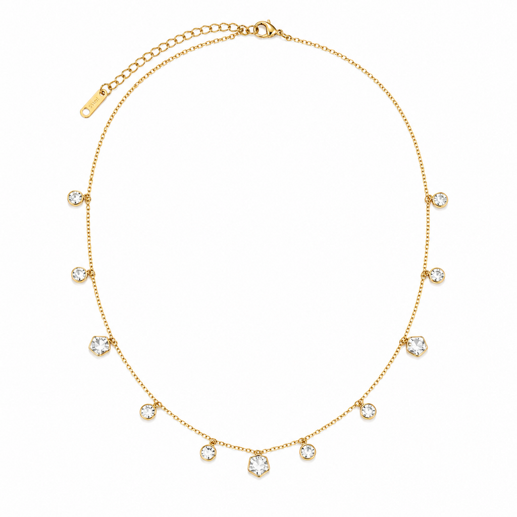 A gold-plated stainless steel chain for women featuring dangling crystal blossoms and round bezel-set crystal charms
