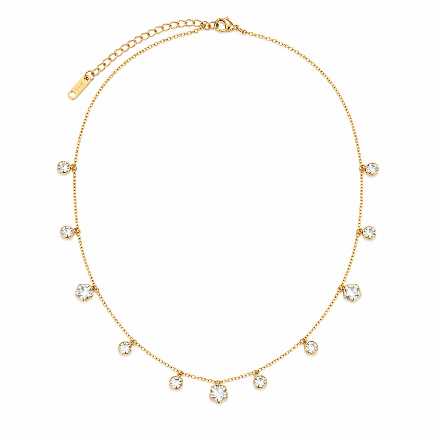 A gold-plated stainless steel chain for women featuring dangling crystal blossoms and round bezel-set crystal charms