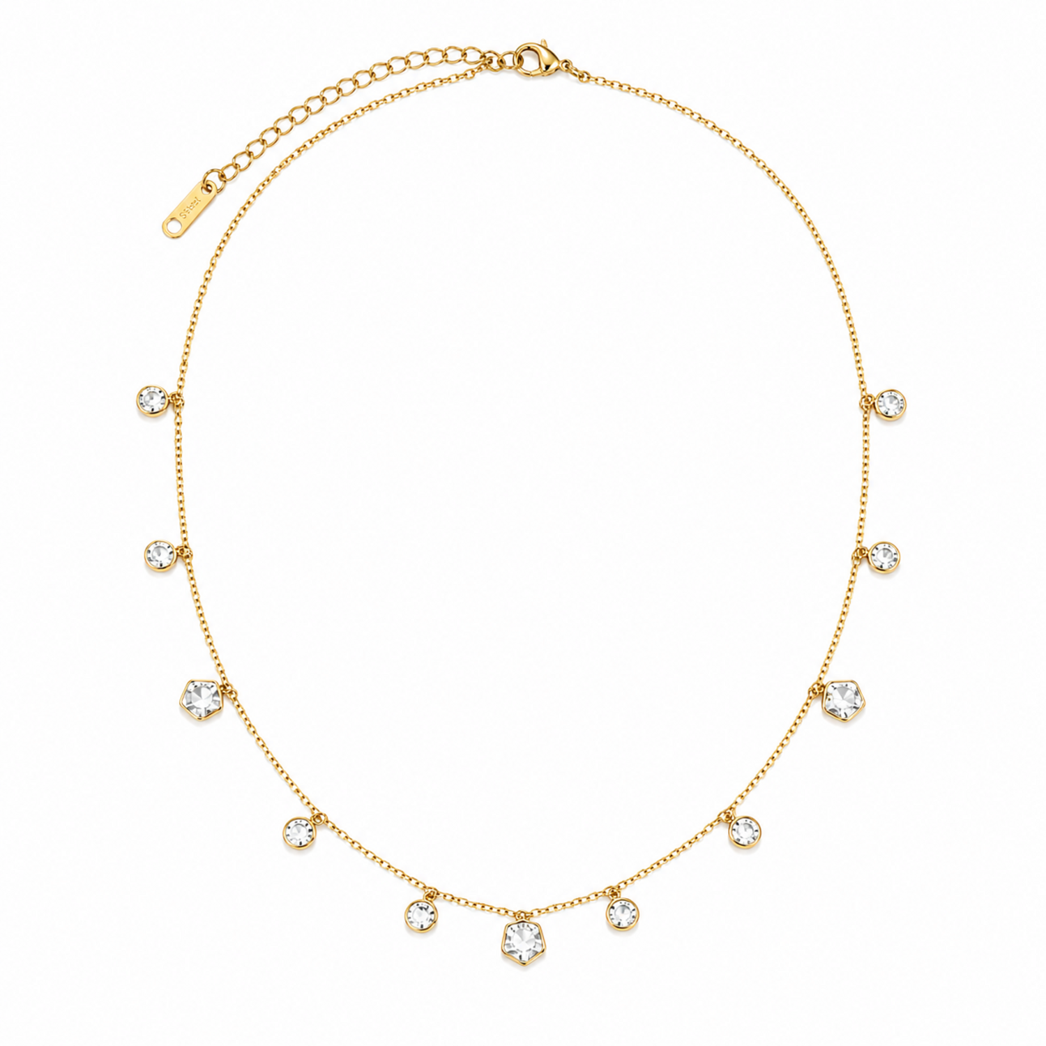 A gold-plated stainless steel chain for women featuring dangling crystal blossoms and round bezel-set crystal charms