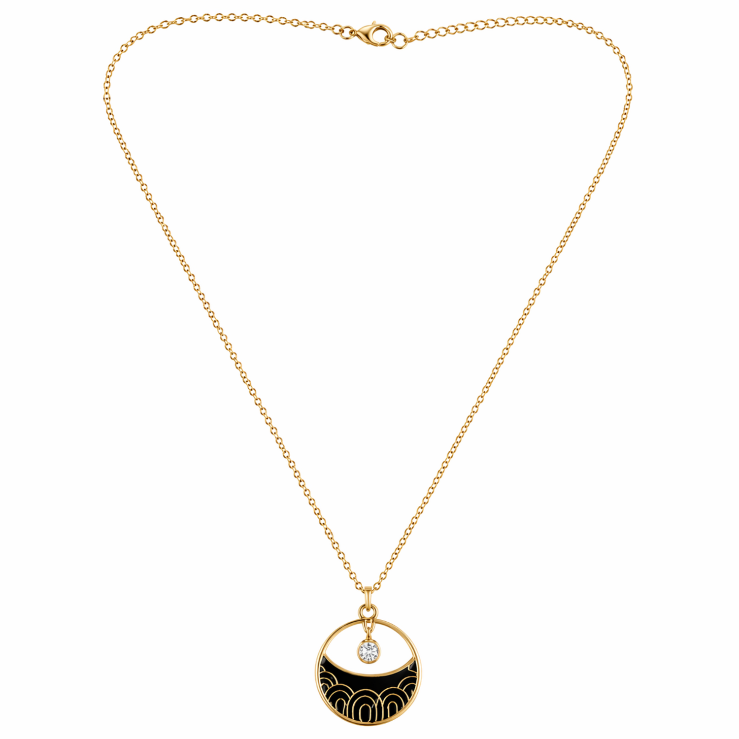 A gold-plated stainless steel chain for women featuring a circular pendant with black enamel wave patterns and a single floating crystal.