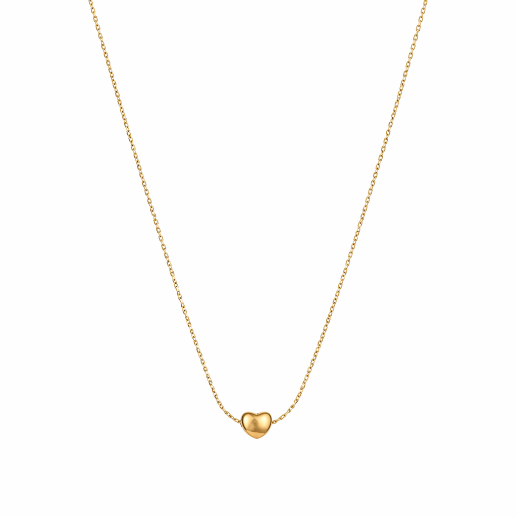 A gold-plated stainless steel chain for women featuring a tiny, puffed heart pendant on a delicate link chain