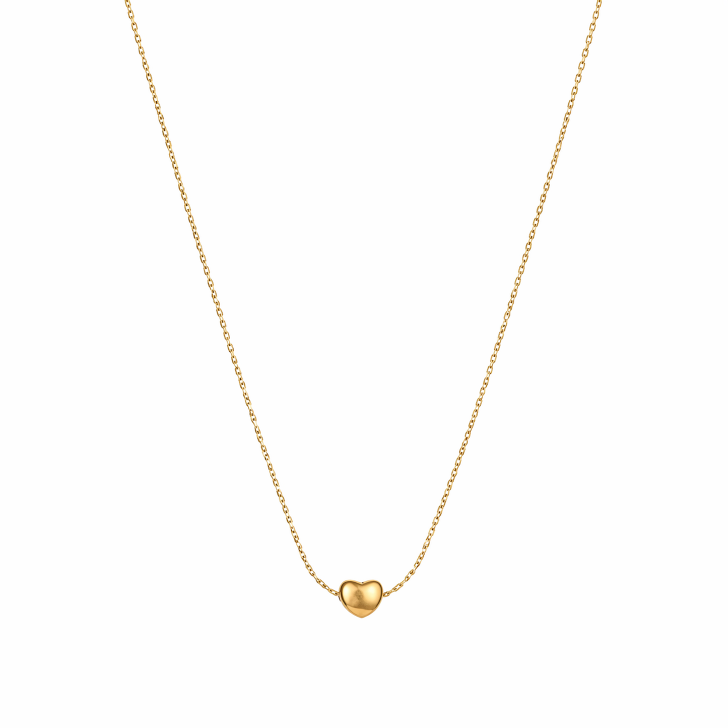 A gold-plated stainless steel chain for women featuring a tiny, puffed heart pendant on a delicate link chain
