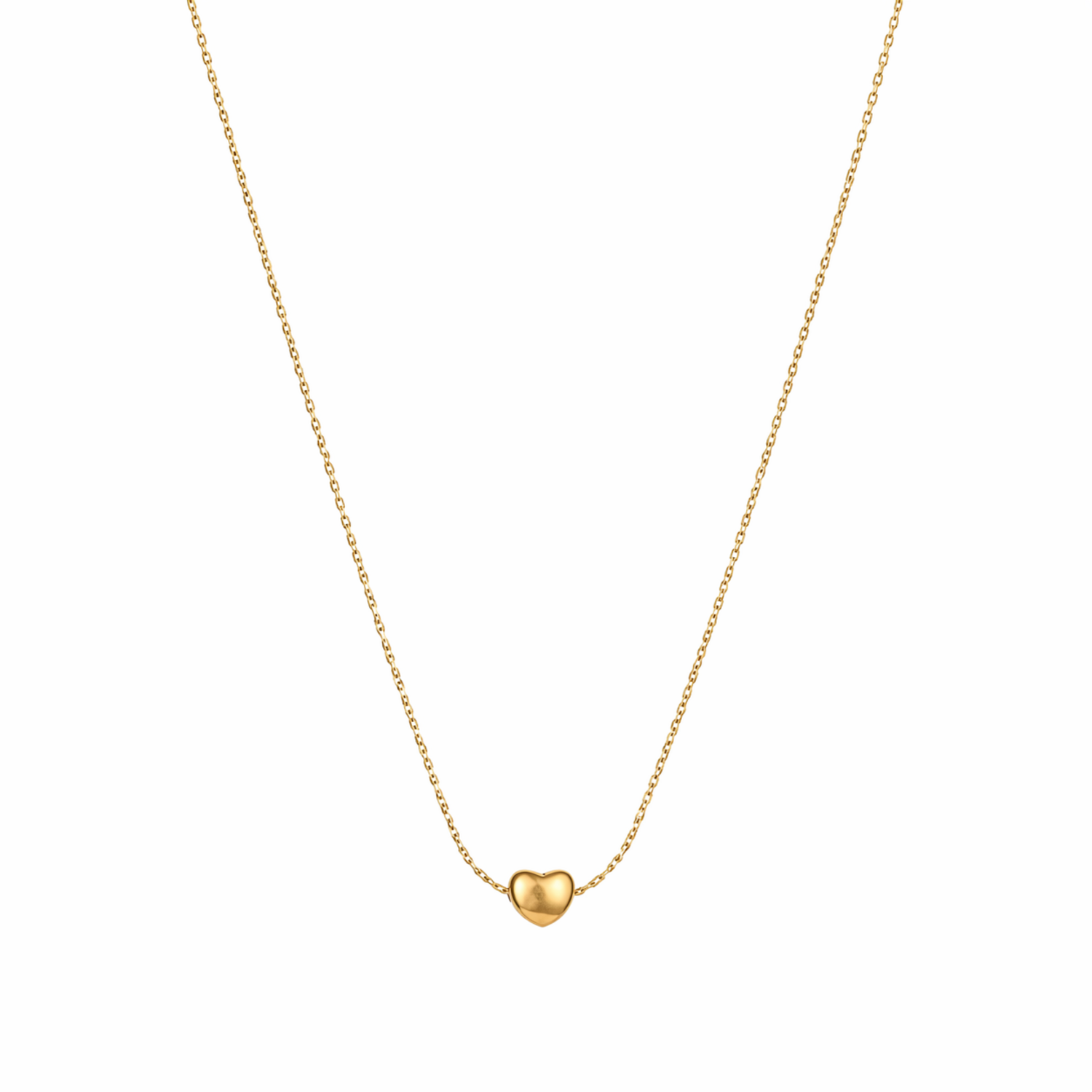 A gold-plated stainless steel chain for women featuring a tiny, puffed heart pendant on a delicate link chain