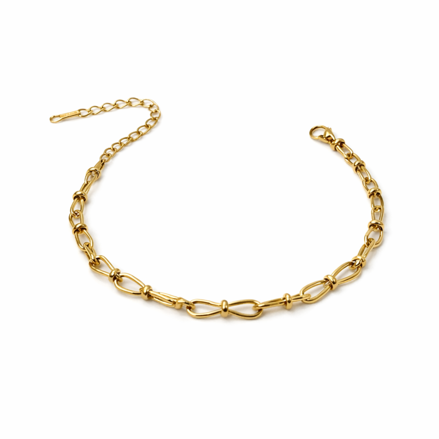 A gold-plated link chain bracelet for women featuring delicate knot details on a clean white background.