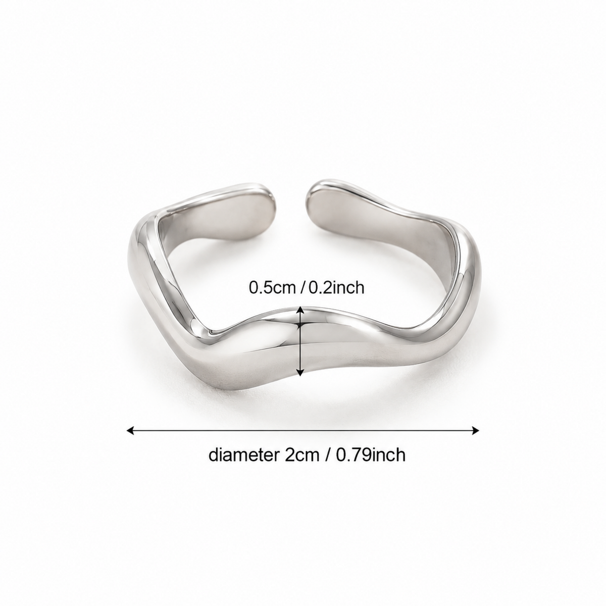 Dimensions of a Sculpted Wave Adjustable Silver Ring for Women with Sculptural Open Band design