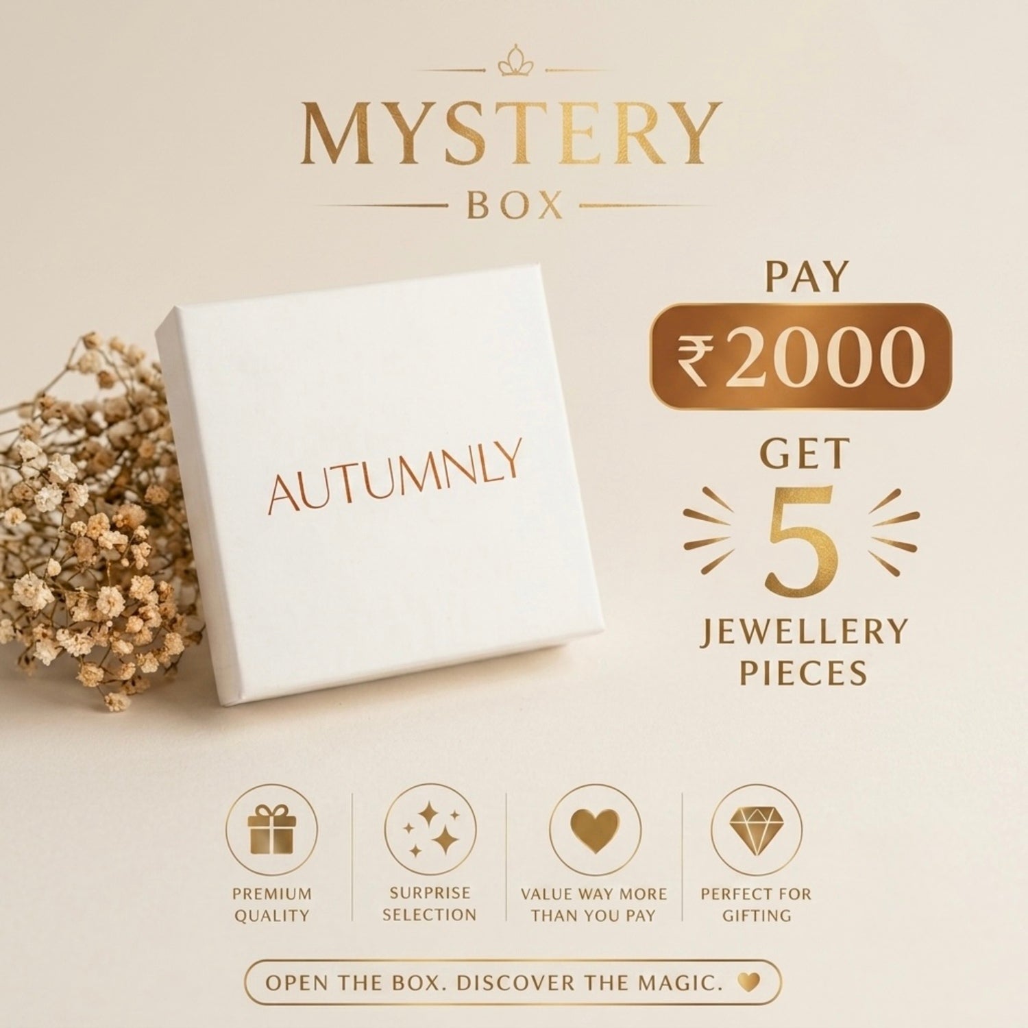 Promotional graphic for an Autumnly Mystery Box offering, a ₹2000 deal for 18 jewellery pieces, complete with feature icons at the bottom.