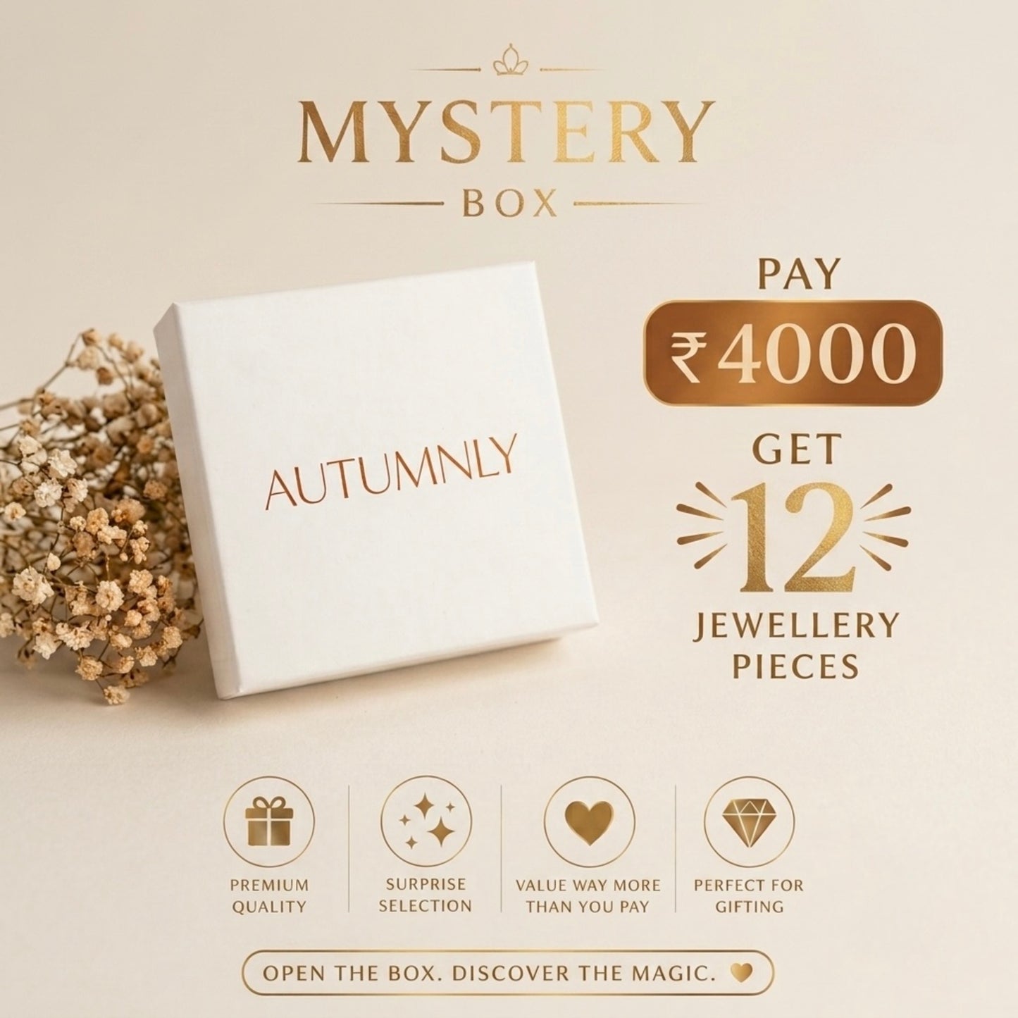 Autumnly Mystery Box promotional graphic showing a white gift box with the brand name 'AUTUMNLY' on the lid, and text offering a ₹4000 payment to get 12 jewellery pieces. Additional icons highlight premium quality, surprise selection, value, and gift suitability.