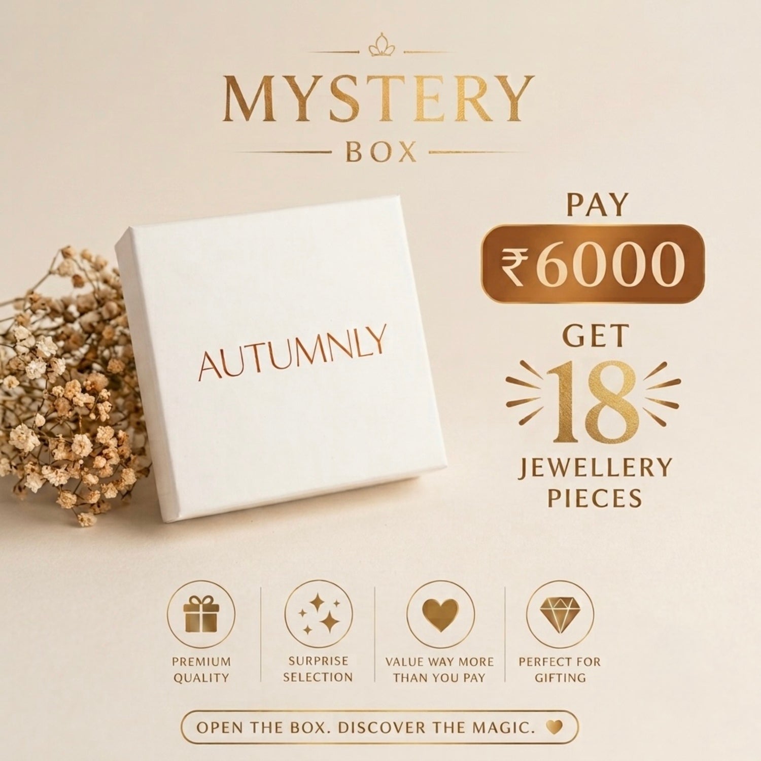 Promotional graphic for an Autumnly Mystery Box offering, a ₹6000 deal for 18 jewellery pieces, complete with feature icons at the bottom.