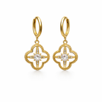 A pair of gold-plated hoop earrings for women featuring a dangling clover-shaped lattice charm with a central crystal stone, shown on a white background.