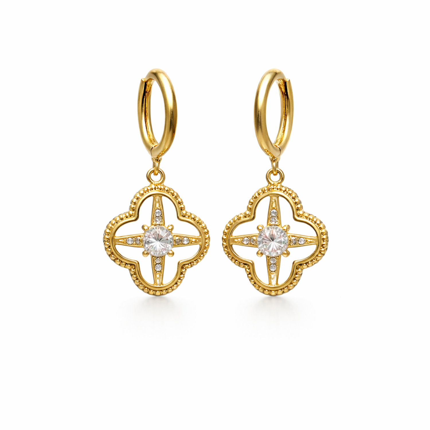 A pair of gold-plated hoop earrings for women featuring a dangling clover-shaped lattice charm with a central crystal stone, shown on a white background.