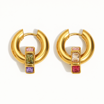 Nora Rainbow Crystal Hoops with colourful rectangular crystals and gold-plated finish