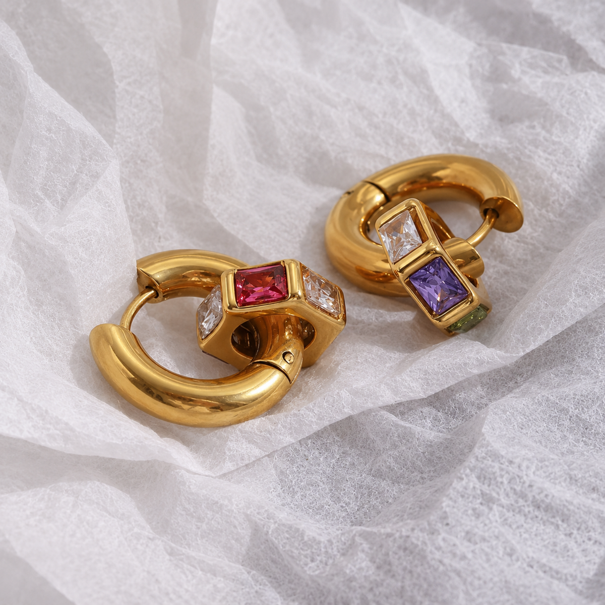 Rainbow Crystal Hoops with colourful rectangular crystals and gold-tone finish