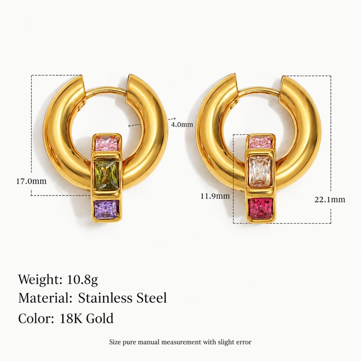 Gold huggie hoop earrings with rectangular multicolor gemstone accents, shown with dimension measurements and product specs on a light background.