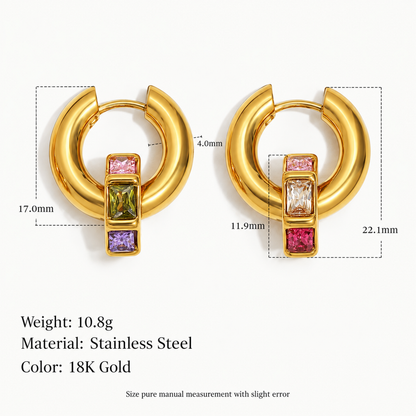 Gold huggie hoop earrings with rectangular multicolor gemstone accents, shown with dimension measurements and product specs on a light background.