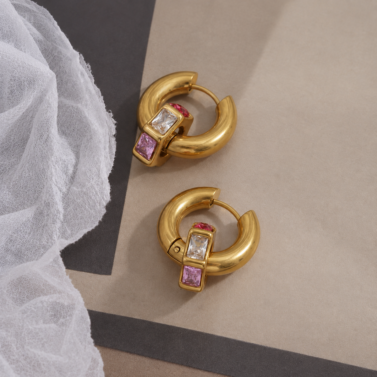Rainbow Crystal Hoops with colourful rectangular crystals and gold-tone finish