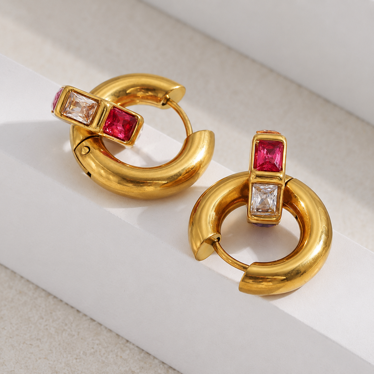 Nora Rainbow Crystal Hoops with colourful rectangular crystals and gold-tone finish