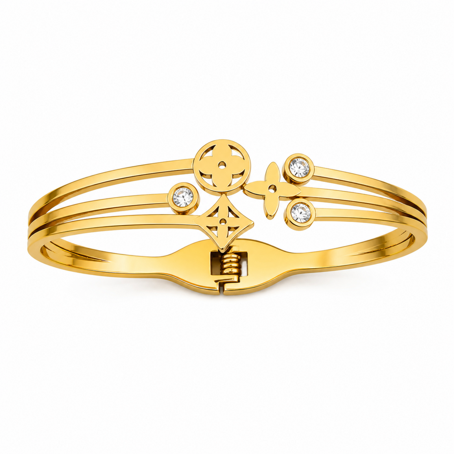 A gold-plated celestial cuff bangle for women featuring crystal-encrusted moon and star motifs with an openwork design