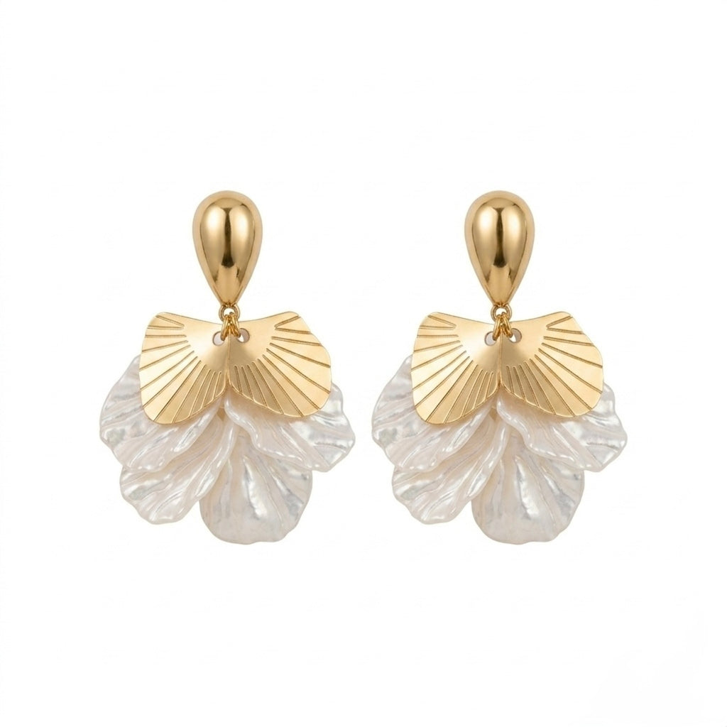A pair of gold-plated drop earrings for women featuring golden fan accents and white petal drops, shown on a white background