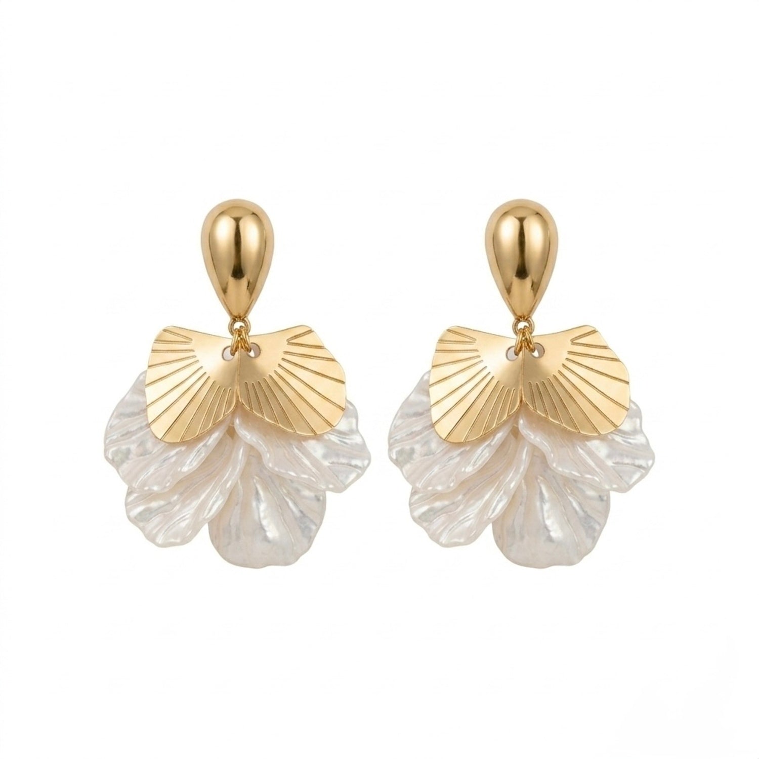 A pair of gold-plated drop earrings for women featuring golden fan accents and white petal drops, shown on a white background