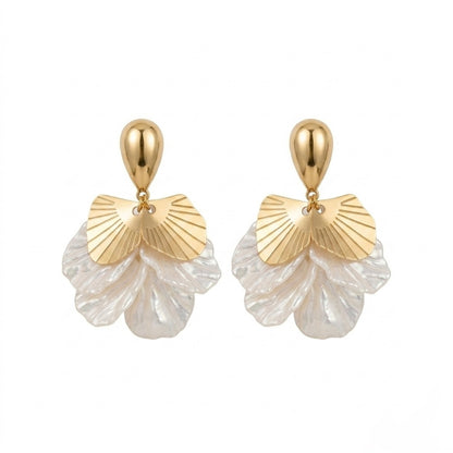A pair of gold-plated drop earrings for women featuring golden fan accents and white petal drops, shown on a white background