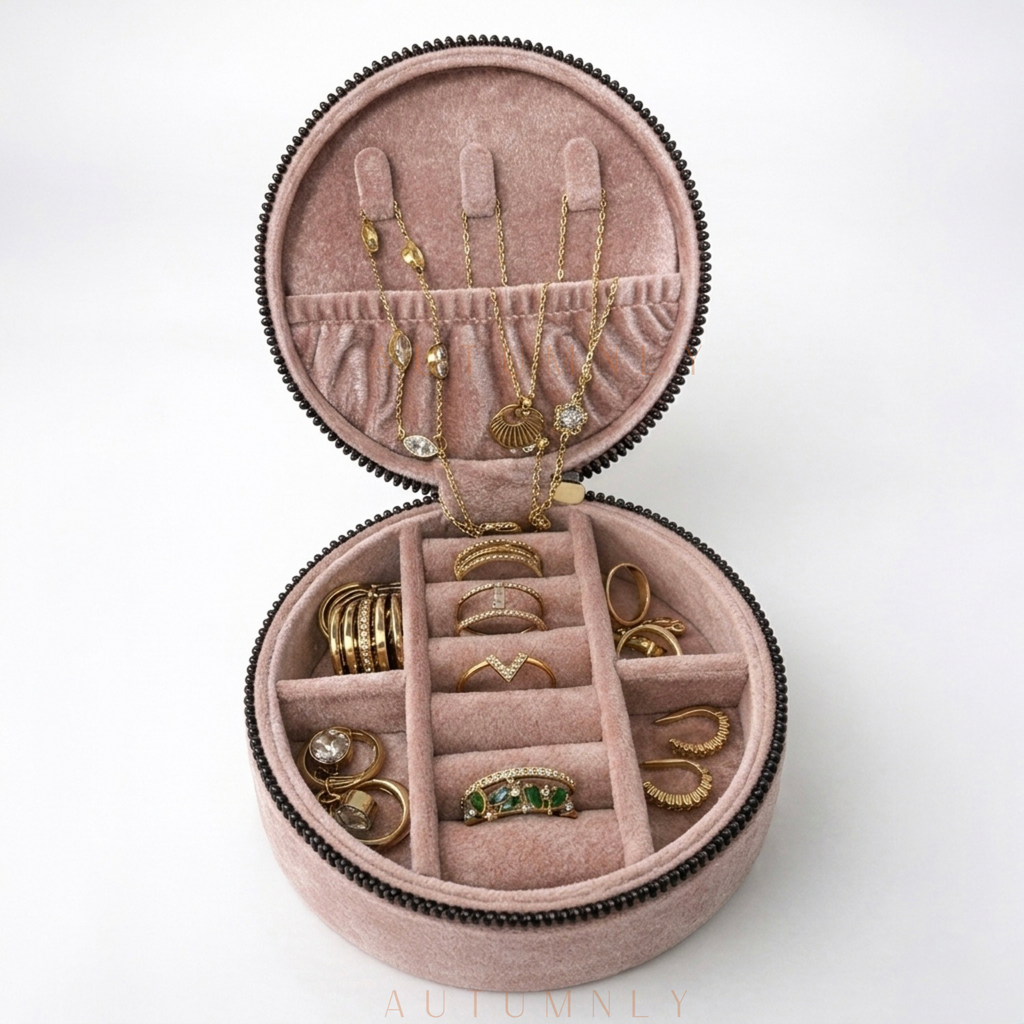 blush pink jewelry organizer with gold jewelry arranged across multiple compartments on a white background