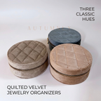 round velvet jewelry organizers with quilted lids and zipper closure arranged together