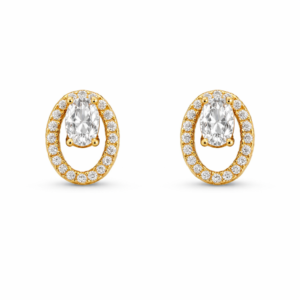 A pair of gold-plated oval stud earrings for women featuring a floating central clear crystal surrounded by a pavé halo, shown on a clean white background.