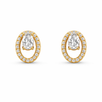 A pair of gold-plated oval stud earrings for women featuring a floating central clear crystal surrounded by a pavé halo, shown on a clean white background.