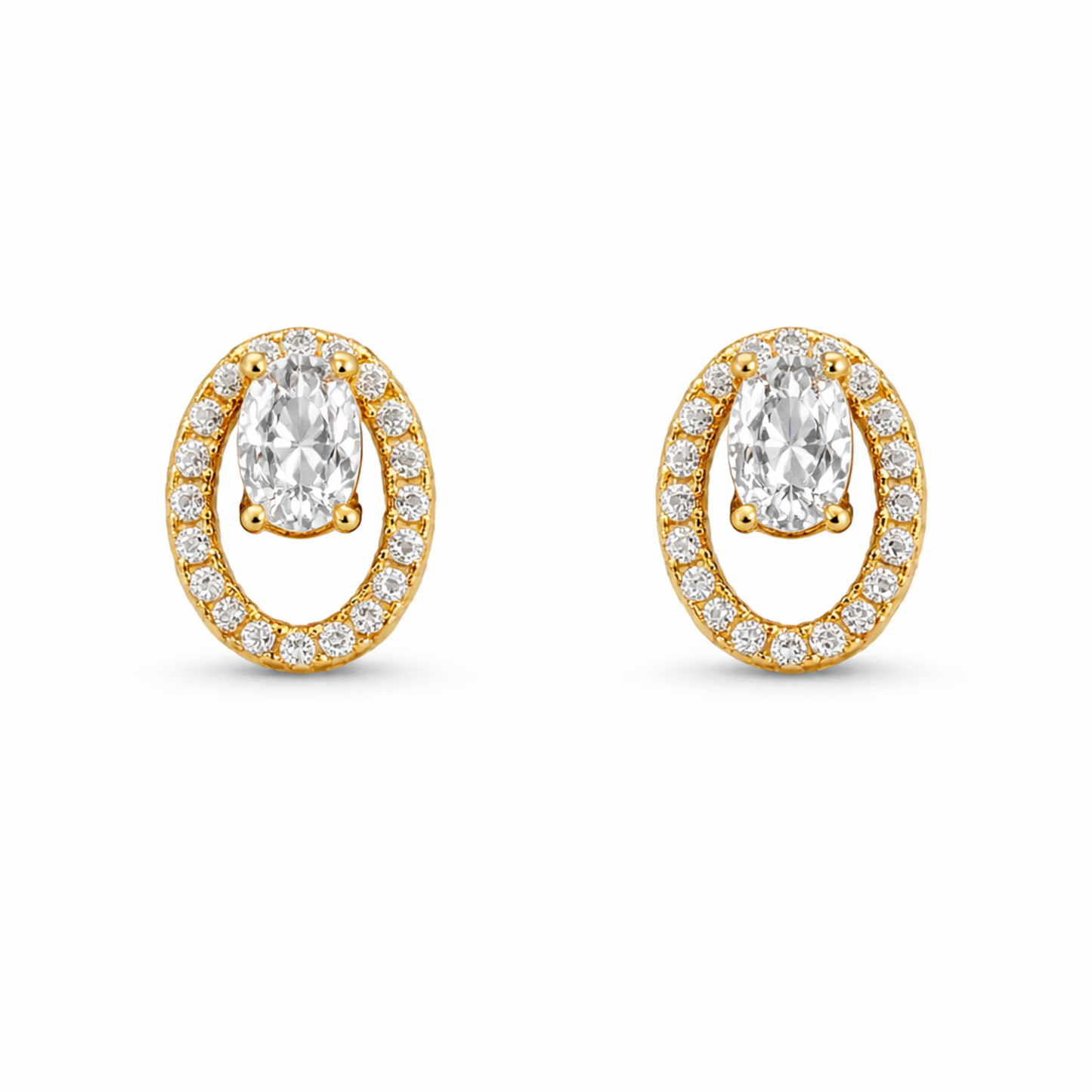 A pair of gold-plated oval stud earrings for women featuring a floating central clear crystal surrounded by a pavé halo, shown on a clean white background.