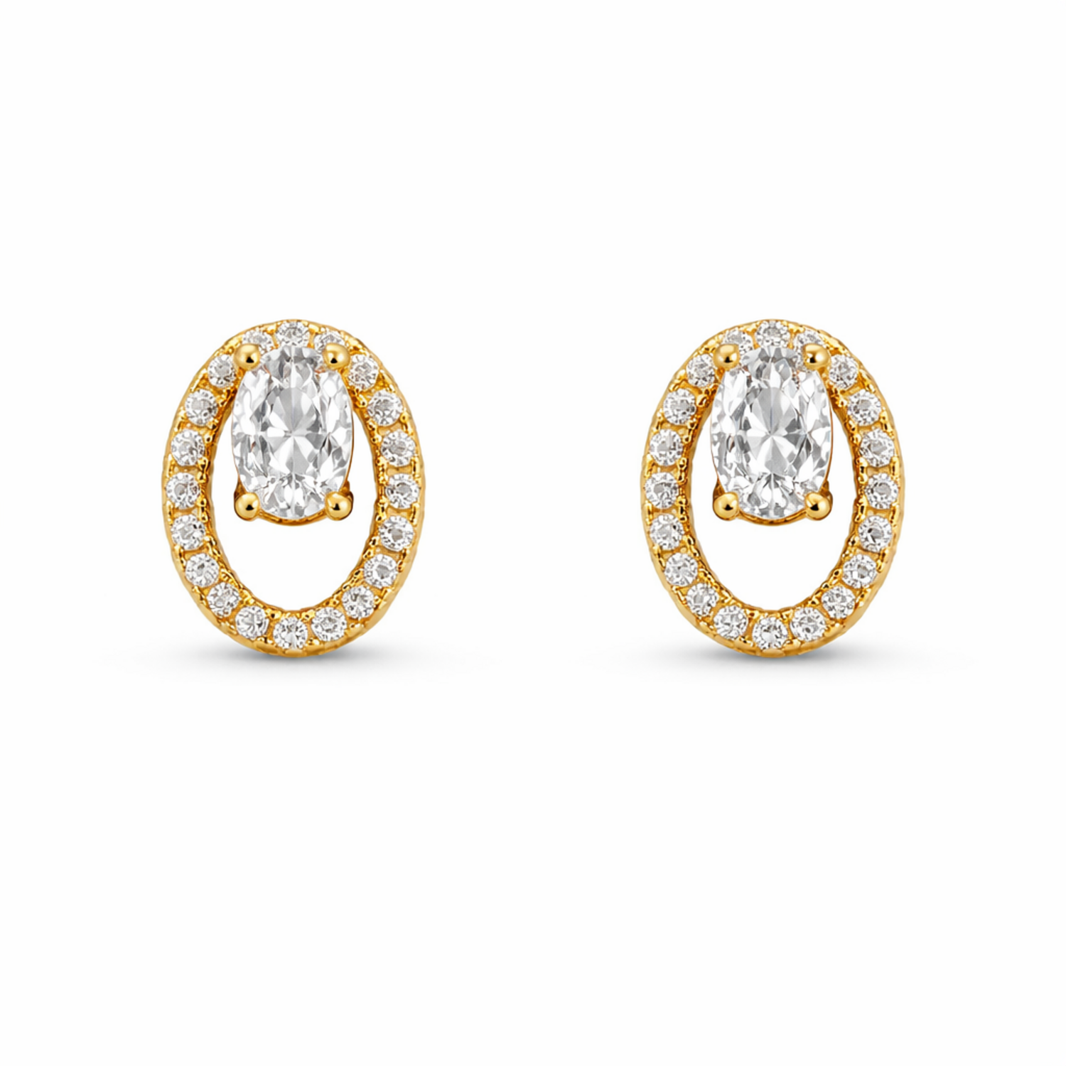 A pair of gold-plated oval stud earrings for women featuring a floating central clear crystal surrounded by a pavé halo, shown on a clean white background.