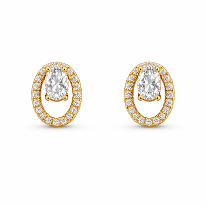 A pair of gold-plated oval stud earrings for women featuring a floating central clear crystal surrounded by a pavé halo, shown on a clean white background.
