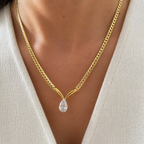 A gold-plated stainless steel chain for women featuring a V-shaped mounting and a large sparkling teardrop crystal pendant, shown on a model