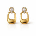 A pair of gold-plated long earrings for women featuring a pear-cut crystal halo stud and a large, smooth rectangular golden drop.