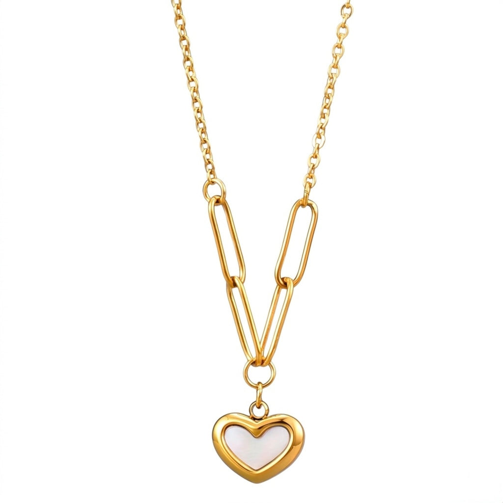 A gold-plated stainless steel chain for women featuring a heart-shaped pendant with a pearl inlay, suspended from elongated paperclip links and a delicate chain.