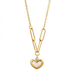 A gold-plated stainless steel chain for women featuring a heart-shaped pendant with a pearl inlay, suspended from elongated paperclip links and a delicate chain.