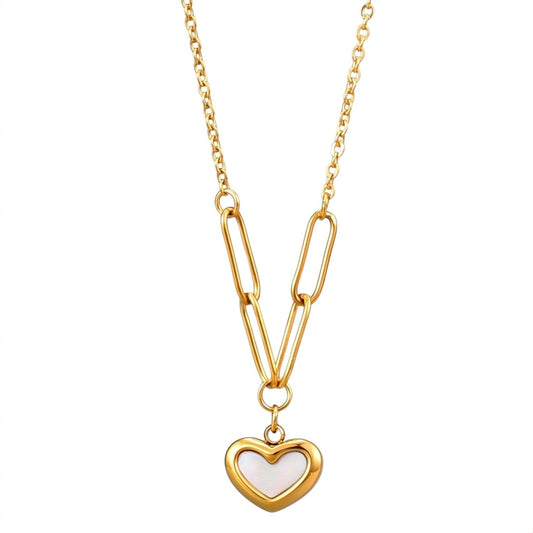 A gold-plated stainless steel chain for women featuring a heart-shaped pendant with a pearl inlay, suspended from elongated paperclip links and a delicate chain.