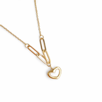 A close-view of a  gold-plated stainless steel chain for women featuring a heart-shaped pendant with a pearl inlay, suspended from elongated paperclip links and a delicate chain.