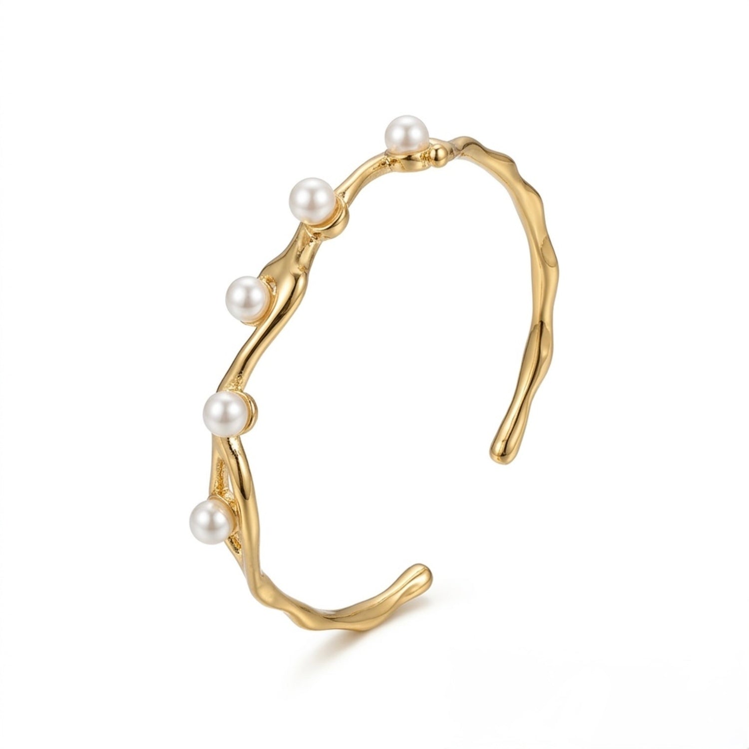 A close-view of a gold-plated wave cuff bangle for women featuring five set pearls