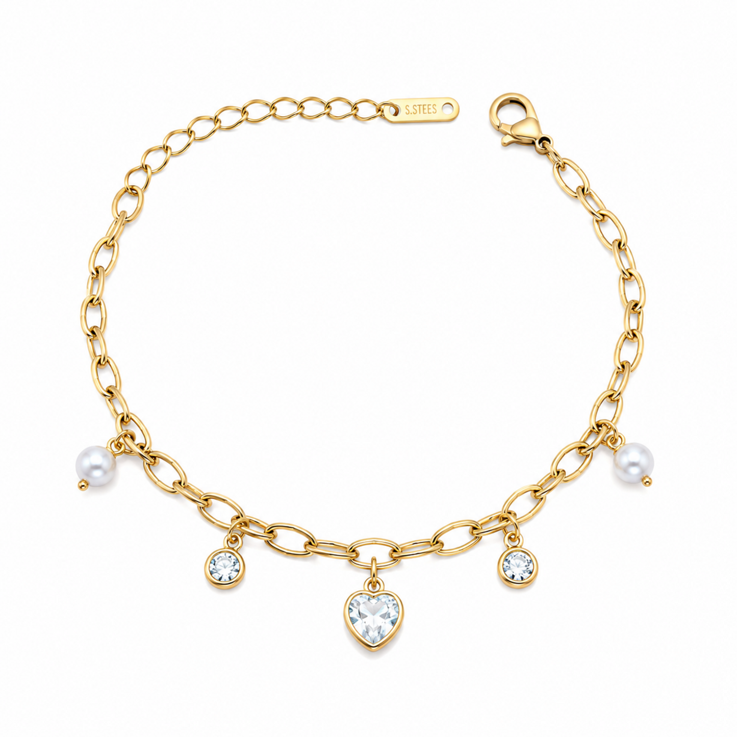 A gold-plated chain bracelet for women featuring dangling pearl charms, round crystals, and a central heart-shaped crystal pendant.