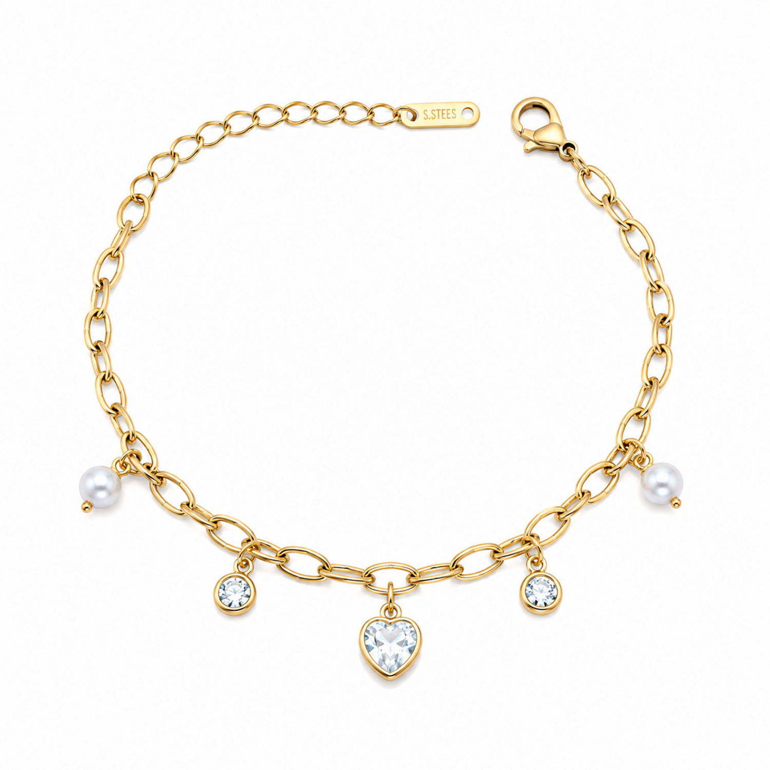 A gold-plated chain bracelet for women featuring dangling pearl charms, round crystals, and a central heart-shaped crystal pendant.