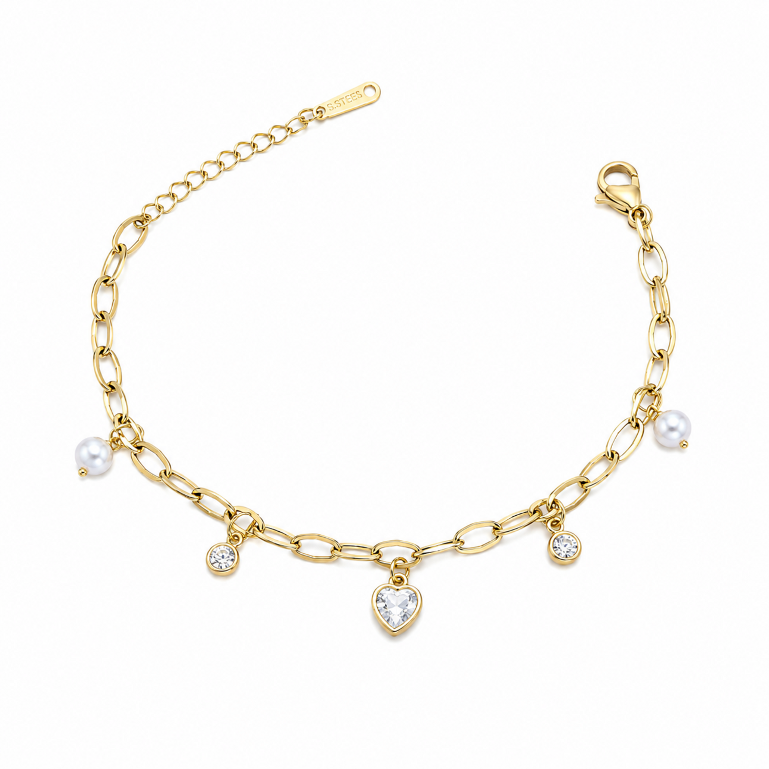 A close-view of a gold-plated chain bracelet for women featuring dangling pearl charms, round crystals, and a central heart-shaped crystal pendant.