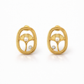 A pair of gold-plated oval stud earrings for women featuring an shell design with a central pearl and a small crystal, shown on a white background.