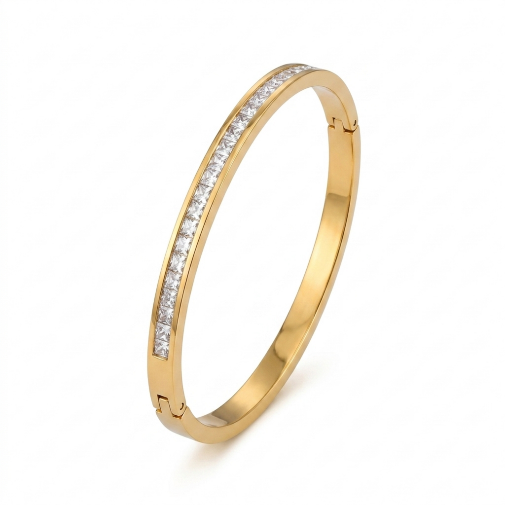 A gold-plated bracelet for women featuring a row of channel-set square-cut crystals and a secure side-clasp.