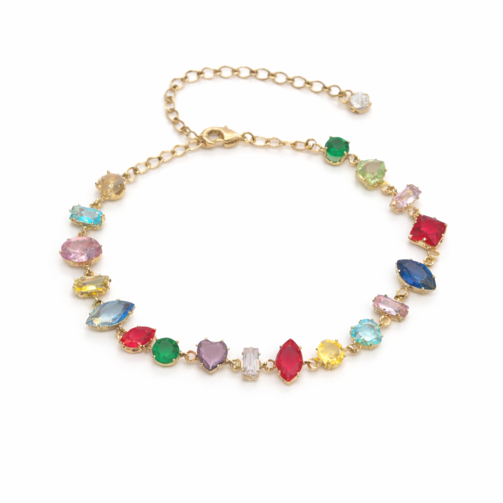 A gold-plated multi-color chain bracelet for women featuring various stone shapes on a white background
