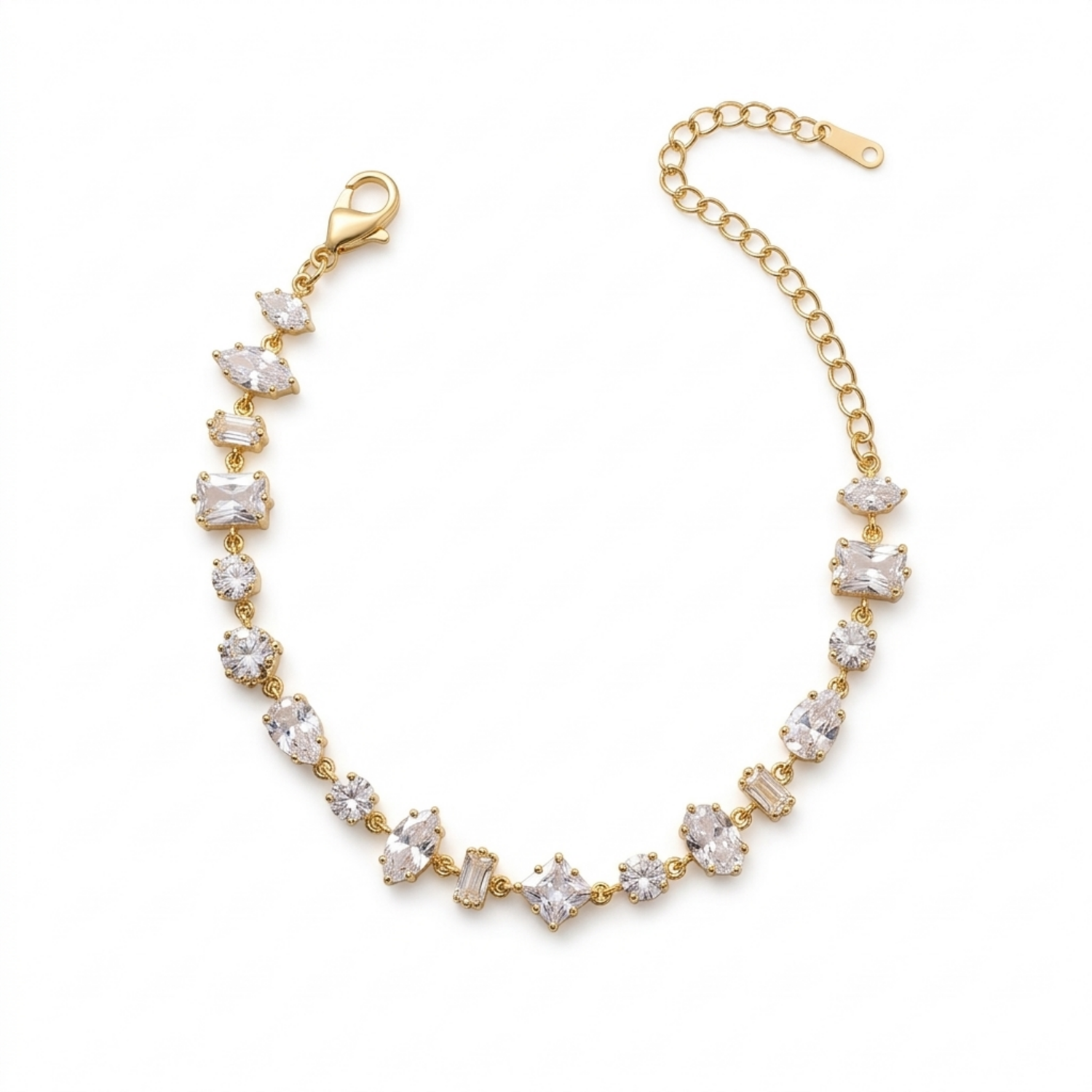 A close-view of a gold-plated chain bracelet for women featuring a variety of stone cuts including round, marquise, and emerald shapes on a white background.