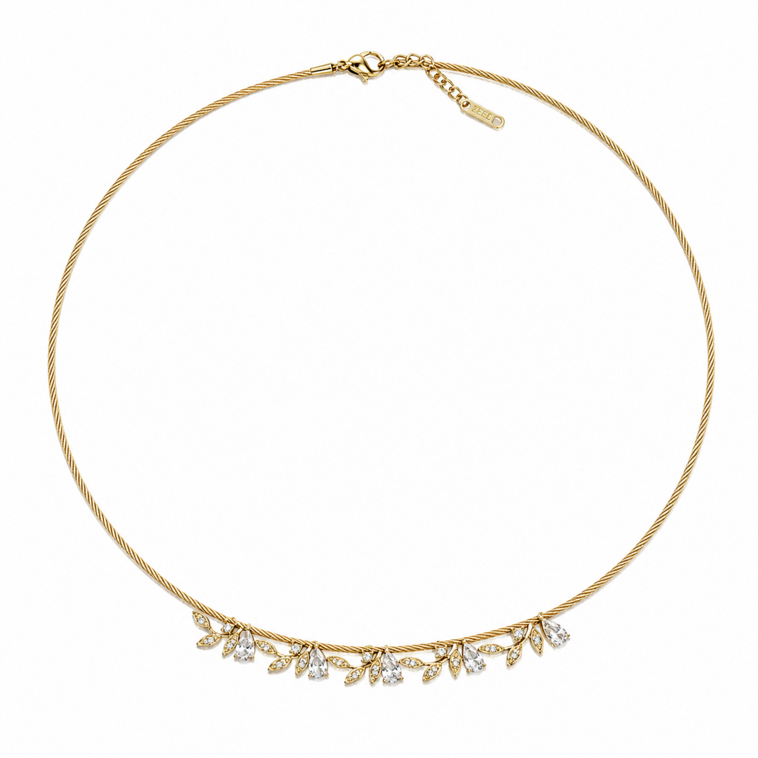 A gold-plated stainless steel chain for women featuring a twisted cable design and a shimmering fringe of crystal leaf charms