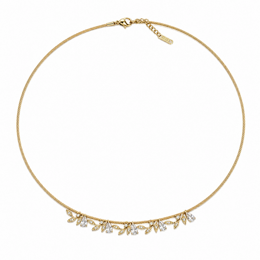 A gold-plated stainless steel chain for women featuring a twisted cable design and a shimmering fringe of crystal leaf charms